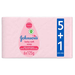 Johnson's Baby Soft Soap, gentle on skin, gently cleanses the skin and moisturise while protecting the skin barrier, hypoallergenic, Pack of 6, 125G