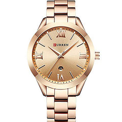 Curren 9007 Quartz Movement Stainless Steel Strap Round Analog With Date Display Rose Gold Watch for Women