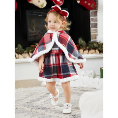 Patpat 2PCS Baby Girl Grid/Houndstooth Pattern Christmas Sweet Hooded Suit Dress/Cloak