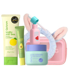QUIYUM Fruit Skin Care Set for Women & Teens, Facial Skincare Routine Kit with Cleanser Serum Eye Cream Moisturizer Mask, Hydrating Glow Up Beauty Gift Set