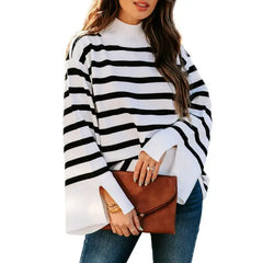 Dokotoo Women's Pullover Sweaters Casual Loose Slit Cuffs Fall Sweater Fashion Bell Long Sleeve Mock Neck Colorblock Striped Jumpers Tops