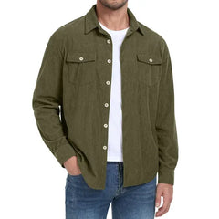 GIRUNS Men's Corduroy Jacket Casual Lightweight Jacket Button Up Long Sleeve Shirts With Flap Pockets Navy Blue L