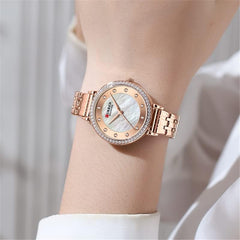 CURREN New Simple Thin Quartz Watch Women's Silver Stainless Steel Wrist Watch With Rhinestones - ROSE