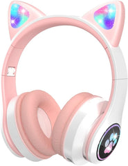 Cat Ear Bluetooth Headphones for Kids, LED Light, 94dB Volume Control, Foldable Over-Ear with Microphone