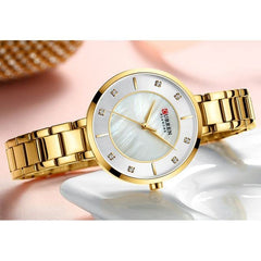 CURREN Ladies Analog Watch Gold Stainless Steel Case White & Silver Dial Gold Stainless Steel Bracelet
