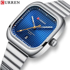 Curren 8460 Casual Steel Strap Square Men Quartz Watch Japan Movement - Silver Blue