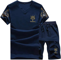 PASOK Men's Casual Tracksuit Full Zip Running Jogging Athletic Sports Jacket and Pants Set - Short Style Blue