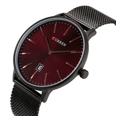 CURREN Mens Analog Watch Black Gunmetal Case Red Dial Date Window Black Stainless Steel Bracelet