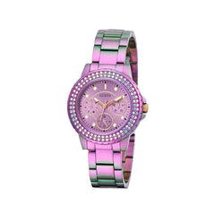 GUESS Ladies Sport Crystal Multifunction 36mm Watch – White Dial Rose Gold-Tone Stainless Steel Case with Blue Silicone Strap