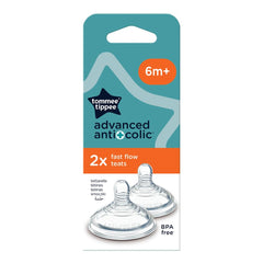 Tommee Tippee Closer to Nature Teats Anti Colic Fast Flow ,Transparent, 6 Months+,2 Pieces