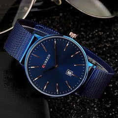 CURREN Mens Analog Watch Blue Stainless Steel Case Blue Dial Date Window Blue Stainless Steel Bracelet - Blue