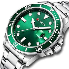 CURREN Men's Analog Watch Stainless Steel Case Green Dial Date Window Stainless Steel Bracelet - Silver