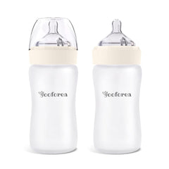 Yooforea Silicone Coated Glass Baby Bottle, 6M+ Fast Flow I Anti-Colic, Wide Neck, Stable Base I Medical-Grade Silicone Coating for Shatter Protection, BPA BPS PVC Free (2 Pack, 9 Ounce-Cream)