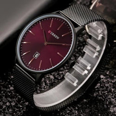 CURREN Mens Analog Watch Black Gunmetal Case Red Dial Date Window Black Stainless Steel Bracelet