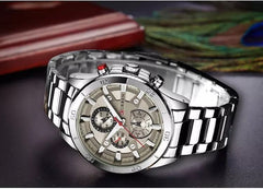 CURREN Men's Chrono Watch Stainless Steel Case Gray Dial 3 Subdials Silver Stainless Steel Case, Gray