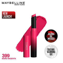 Maybelline New York Lipstick, Matte Finish, Bold Colour, Enriched With Jojoba Oil, Color Sensational Ultimattes, 399 More Magenta, 1.7 g