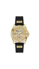 GUESS US Women's Gold-Tone and Black Silicone Multifunction Watch
