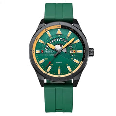 Top Brand Curren 8421 Man Quartz Watch Breathable Rubber Strap Date Display Sport Watches - GREEN