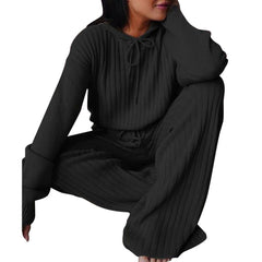 KEYNCO 2-Piece Leisure Suit For Women Solid Color Long Sleeved Hooded Top And Pants Sports Set Leisure Autumn Set (S) - Black