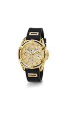 GUESS US Women's Gold-Tone and Black Silicone Multifunction Watch
