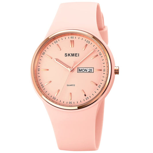 SKMEI Watches for Young Women Lady Sports Silicone Band Big Face Large Waterproof Fashion Casual Simple Quartz Analog Day Date Girls Gift White Wrist Watch - L1747pink