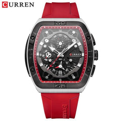 CURREN 8443 Men's Waterproof Quartz Calendar Tape Multifunctional Watch Men's Watch Silicone Band With Orrignal Cureen Box - RED