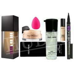 HUDA BB Combo Set of-6 BB Foundation,Base Primer, Concealer, Loose Face Powder,Makeup Blender With Sketch Eyeliner.