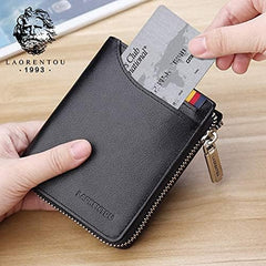 LAORENTOU Genuine Leather Wallets for Men, RFID Blocking, Multi Card Holder Slim Mens Wallet with Zipper Coin Purse, Bifold Wallet for Man, Boys, Teens(Black) (Soft Lichee Pattern Black)
