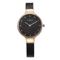 Curren Quartz Movement 9008 Stainless Steel Strap Round Analog Black Watch for Women