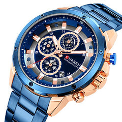 CURREN Watch Men's Luxury Quartz Watch Men's Calendar Chronograph All Stainless Steel Waterproof Watch (Blue)