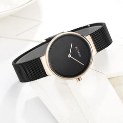 CURREN Women's Analogue Minimalist Elegant Formal Work Casual Modern Extendable Stainless Steel Mesh Adjustable Pressure Safety Brooch, Black, M, casual