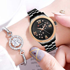 CURREN Women's Watch, Ladies, Shiny Analogue Bracelet, Case with Zirconia, Elegant, Casual with Metal Extendable, Butterfly Brooch, Black, M, casual