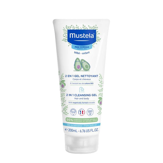 Mustela Baby 2-in-1 Cleansing Gel - Baby Body & Hair Cleanser - with Natural Avocado - Biodegradable Formula & Tear-Free - 200ml