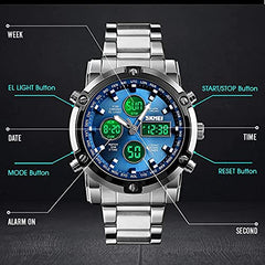 SKMEI Mens Wrist Watch,Stainless Steel Analog Digital Sport Wrist Watch for Men Blue, Blue, Digital
