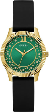 GUESS P GLD CS W/CRYS/SUN GREEN GLITZ DL/BLK SMTH SILICONE STRP