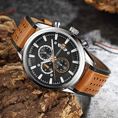 Curren 8290 Leather Round Analog-Chrono With Date Display Brown, Silver Watch for Men