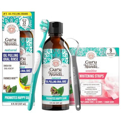 GuruNanda Complete Oral Care Bundle β Sensitive 9-Day Whitening Strips & CocoMint Oil Pulling with Toothbrush & Tongue Scraper for Clean Teeth & Fresh Breath