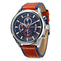 Curren 8290 Men's Analog Leather Strap Watch with Date Display - Blue, Brown
