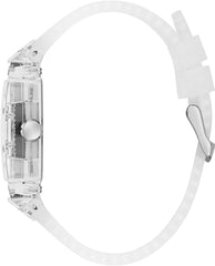 GUESS Men's Quartz Analogue Quartz Watch with Mineral Glass Polycarbonate Case 50WR (Red Dial, Transparent Case, Transparent Strap)