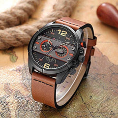 Curren 8259 Men's Sports Waterproof Leather Strap Analog Display Wrist Watch - Black