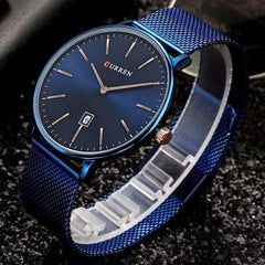 CURREN Mens Analog Watch Blue Stainless Steel Case Blue Dial Date Window Blue Stainless Steel Bracelet - Blue