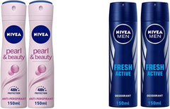 NIVEA Antiperspirant Spray for Women, Pearl & Beauty Pearl Extracts, 2x150ml & MEN Antiperspirant Spray for Men, Fresh Active Fresh Scent, 2x150ml