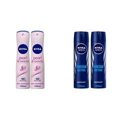 NIVEA Antiperspirant Spray for Women, Pearl & Beauty Pearl Extracts, 2x150ml & MEN Antiperspirant Spray for Men, Fresh Active Fresh Scent, 2x150ml