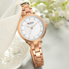 CURREN Ladies Analog Watch Rose Gold Stainless Steel Case White Dial Rose Gold Stainless Steel Bracelet