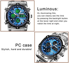 SKMEI Mens Wrist Watch,Stainless Steel Analog Digital Sport Wrist Watch for Men Blue, Blue, Digital