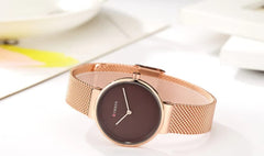 CURREN Ladies analog watch rose gold stainless steel case maroon dial rose gold stainless steel bracelet