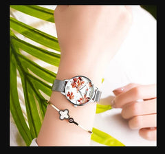 CURREN Ladies Analog Watch Stainless Steel Case Floral Design Dial Stainless Steel Bracelet - Silver