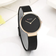 CURREN Women's Analogue Minimalist Elegant Formal Work Casual Modern Extendable Stainless Steel Mesh Adjustable Pressure Safety Brooch, Black, M, casual
