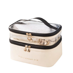 Wander Agio Womens Travel Toiletry Kit Bags Vacation Cosmetic Organizer Makeup Bag For Women Two-layer Beige White 04