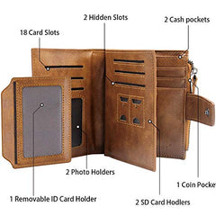 Senbos Wallet Mens, RFID Blocking Genuine Leather Wallet for Men with 18 Credit Card Slots, 2 Banknote Compartments, 1 Zipper Pocket and Removable ID Card Holder, Classic Vertical Wallet with Gift Box - Khaki